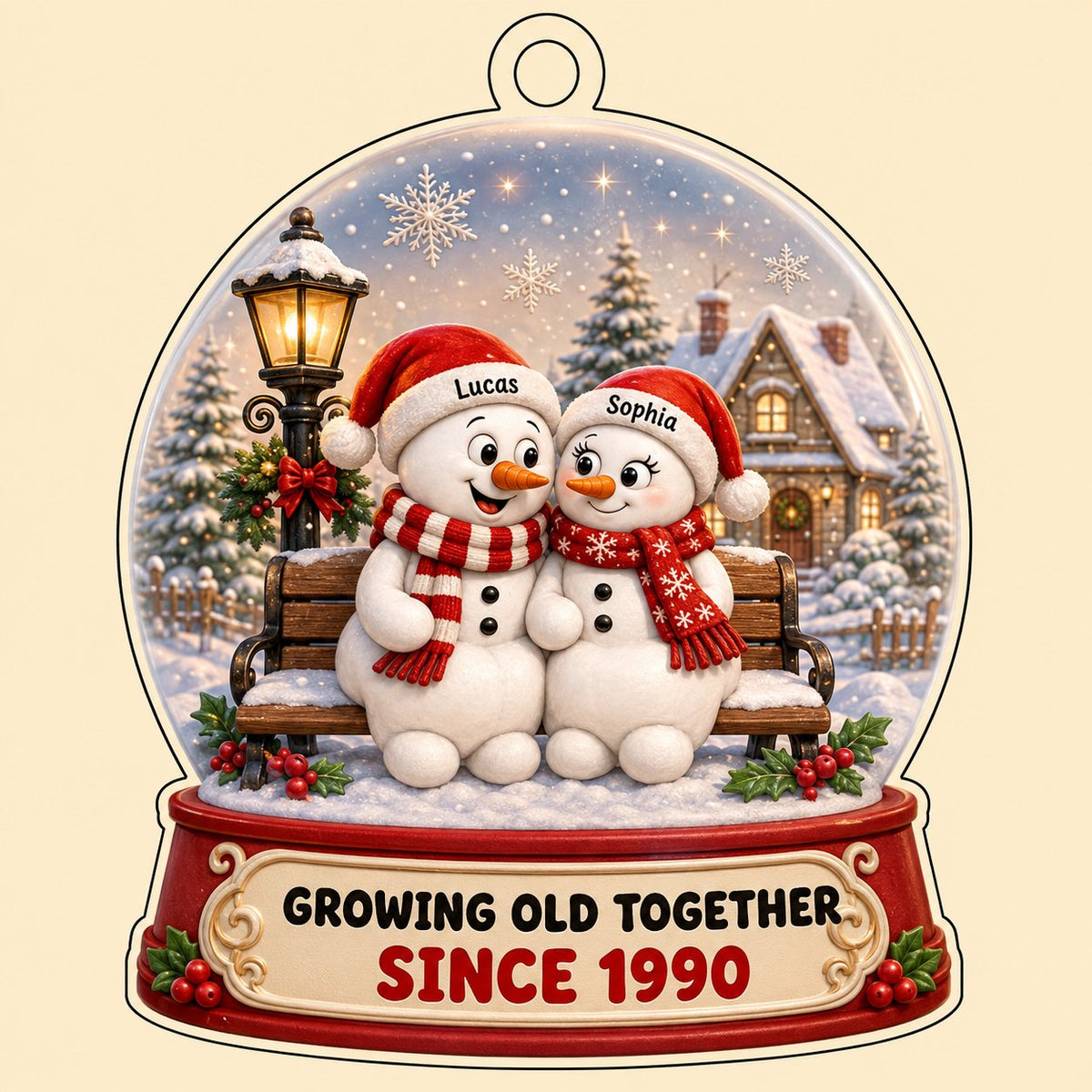 Acrylic snowglobe ornament with two snowmen on a bench, Santa hats, and Growing Old Together text.