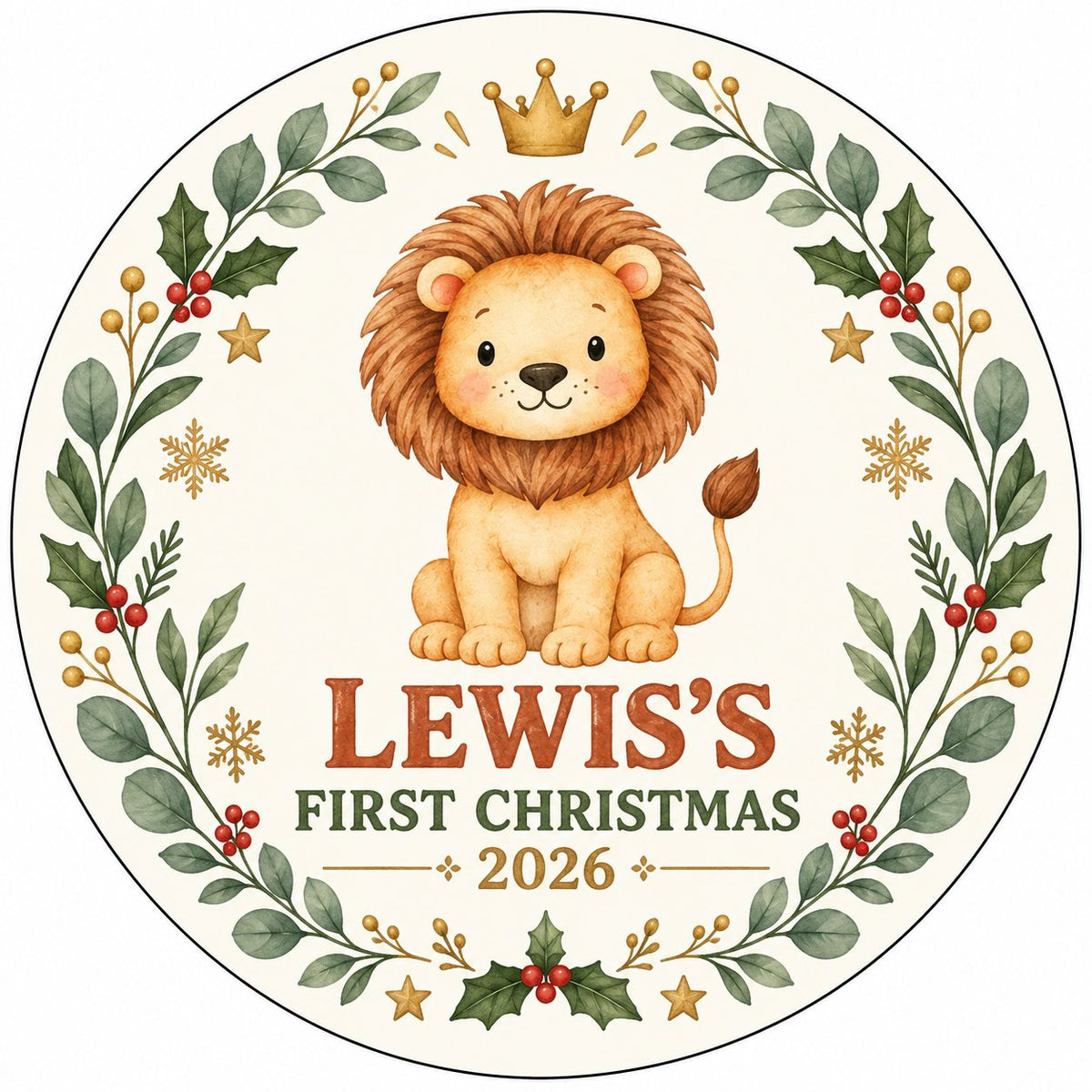 Round ceramic ornament with a cute crowned lion inside a festive wreath of green leaves, red berries, stars and snowflak