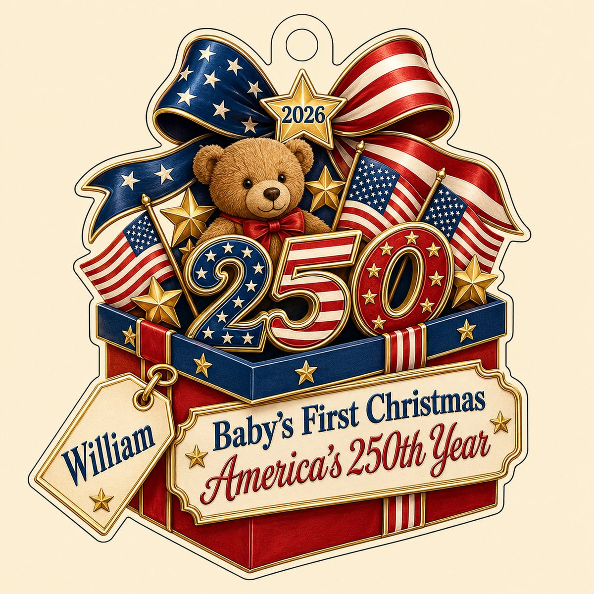 A teddy bear in a red gift box with blue trim, 250 and 2026 with American flags and a patriotic bow on an acrylic orname
