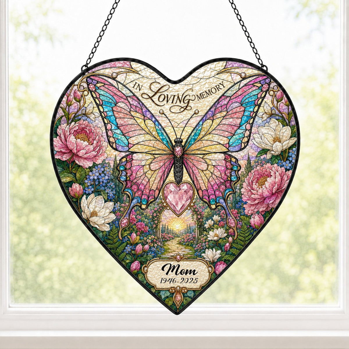 Personalized Butterfly Floral Garden Memorial In Loving Memory Heart Stained Glass Suncatcher