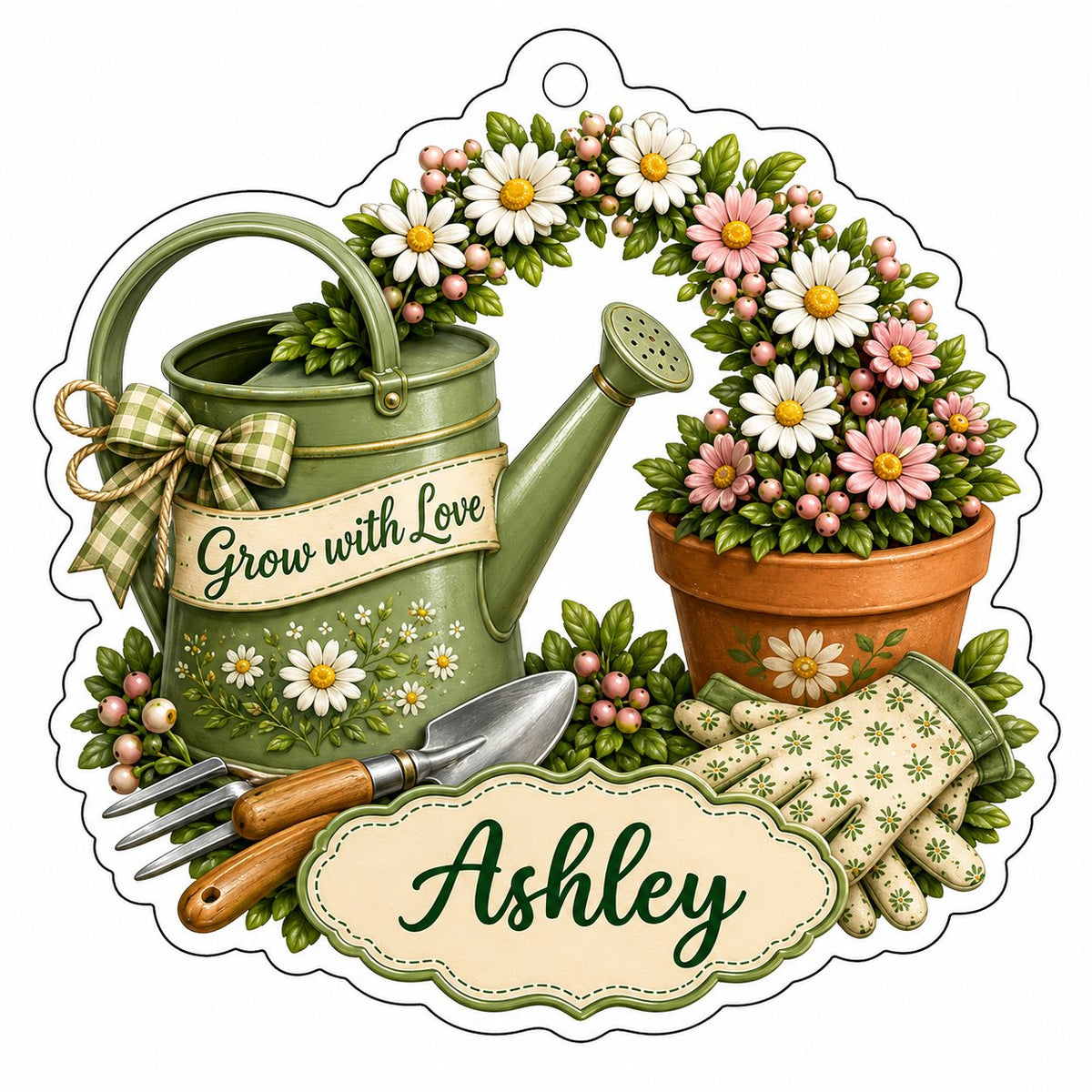 Green watering can with bow, garden tools, and floral pot with ‘Grow with Love’ and a name on a clear acrylic ornament.