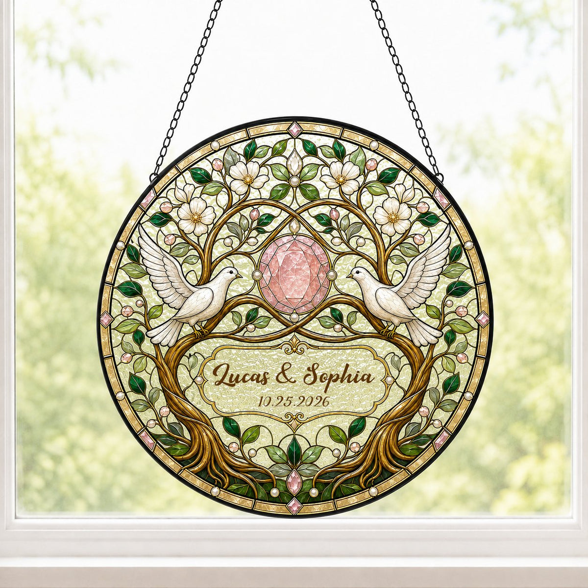 Personalized Wedding Doves & Pink Crystal Gem Floral Tree of Life Stained Glass Round Suncatcher