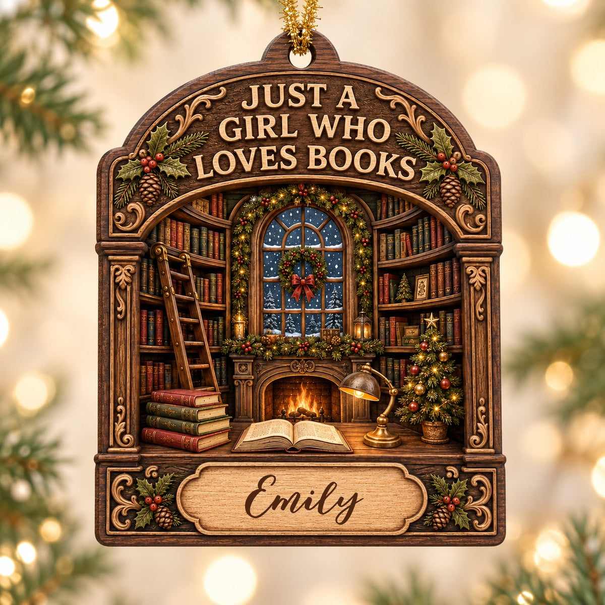 Arch wood ornament with library scene, bookshelves, ladder, fireplace, and 'Just a Girl Who Loves Books' text.