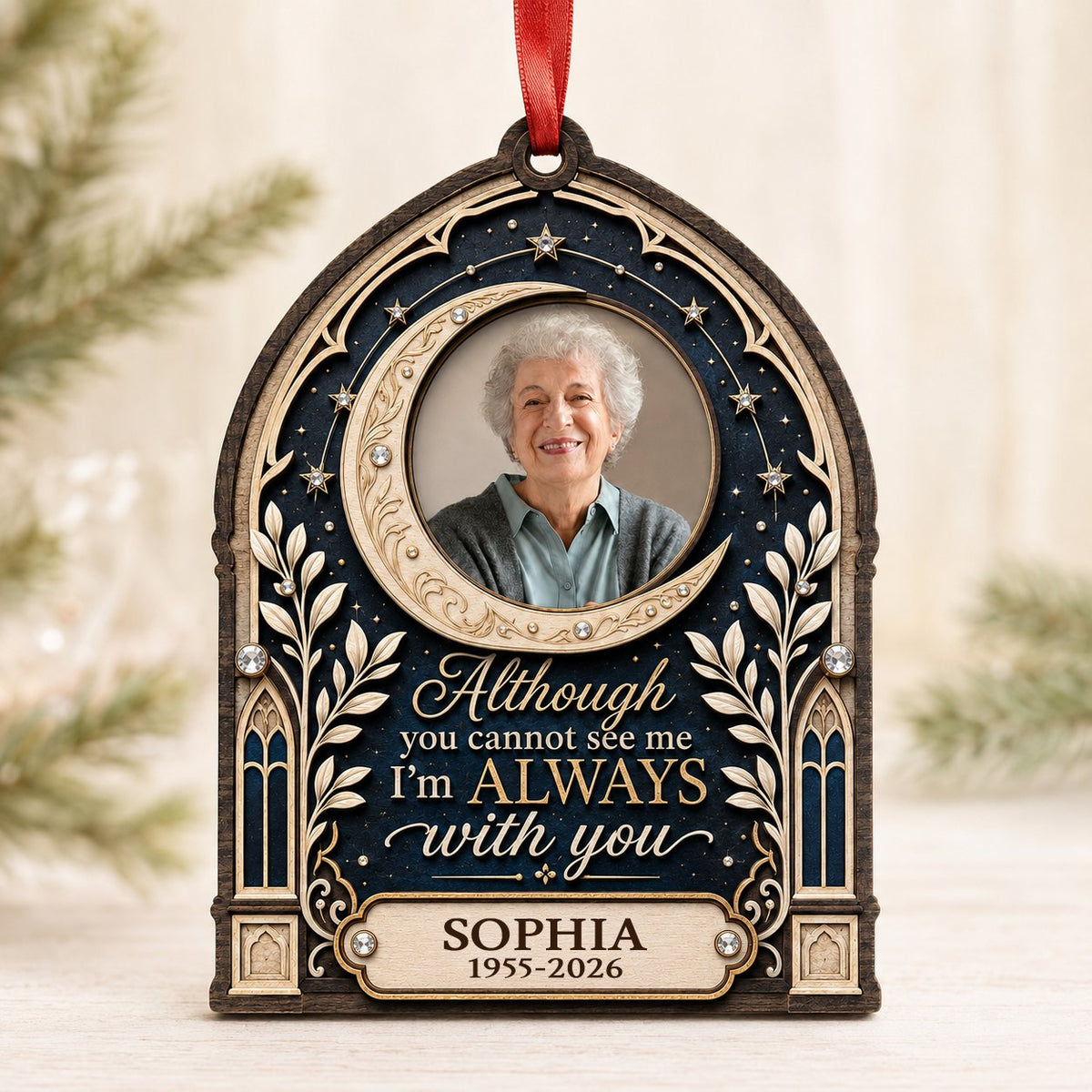 Gothic arch memorial wood ornament with crescent moon photo frame and starry sky with rhinestone accents.