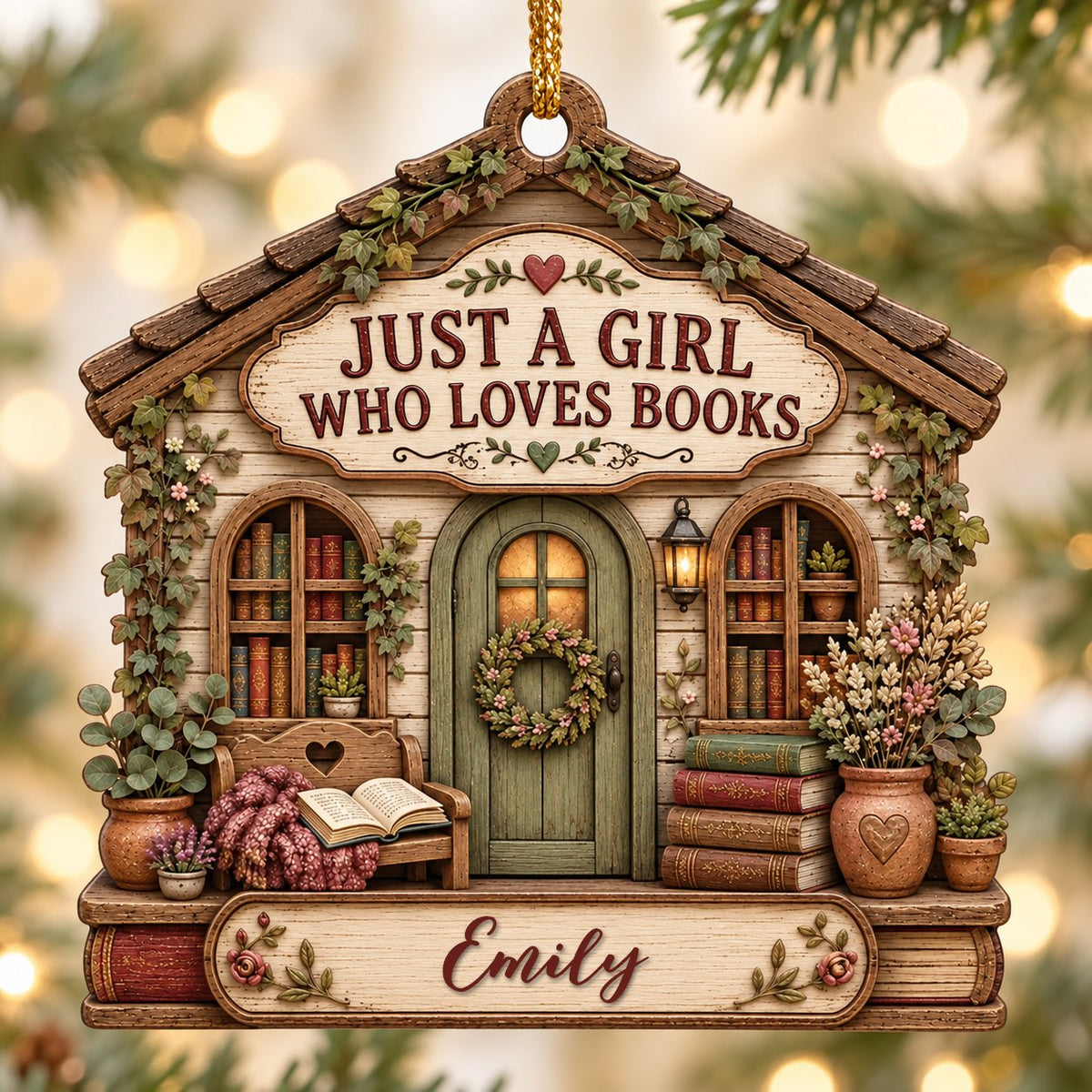 House-shaped wood ornament with 'JUST A GIRL WHO LOVES BOOKS', bookshelves, green door with wreath, and the name Emily.
