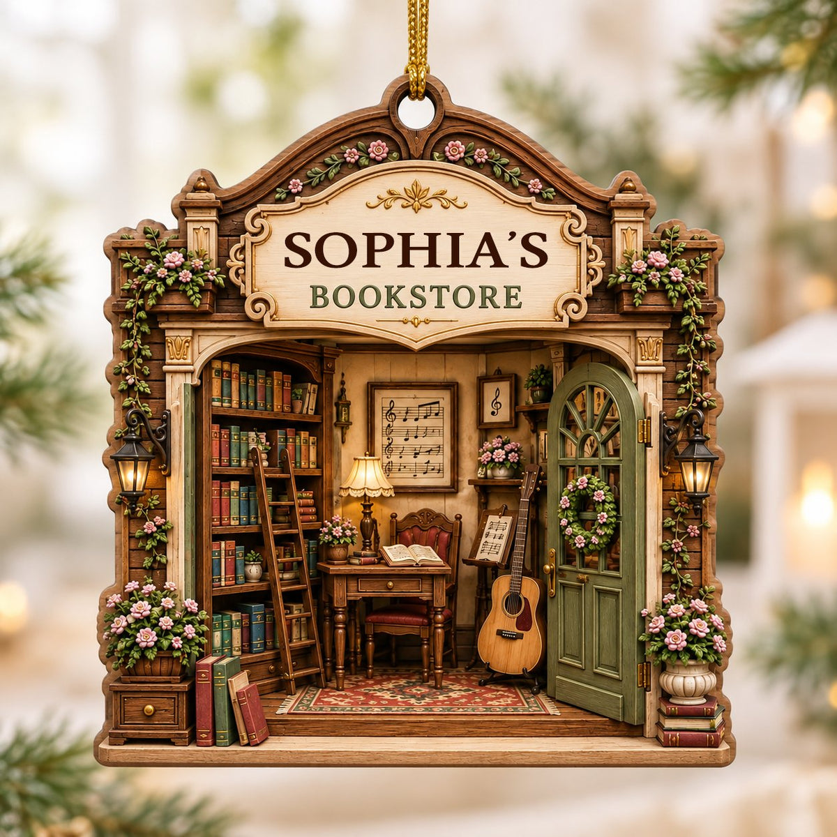 Arched storefront wood ornament with a cozy bookstore diorama and "BOOKSTORE" text, personalized with a name.
