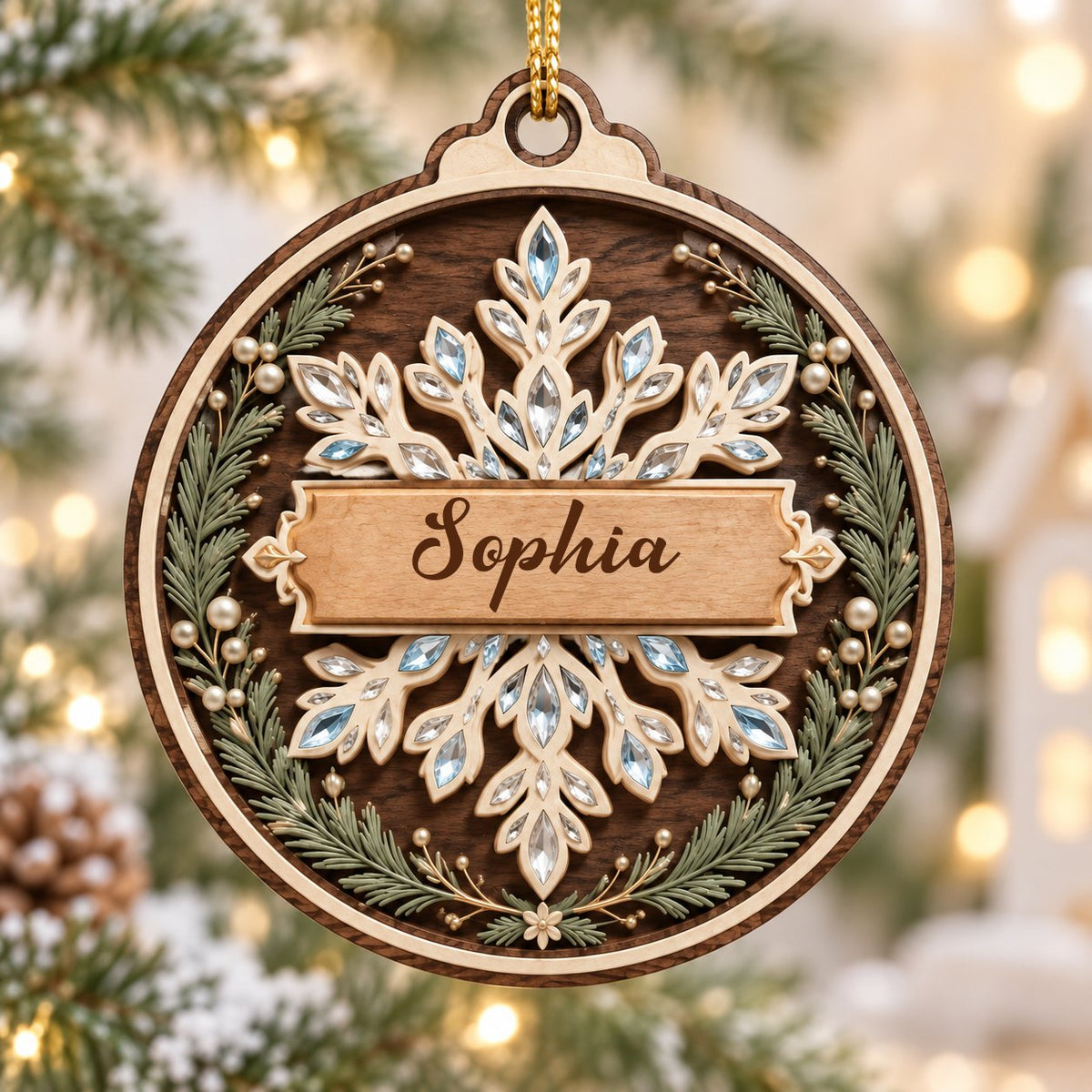 Round wood ornament with a snowflake, gemstone accents, pine sprigs, and a banner personalized with a name.