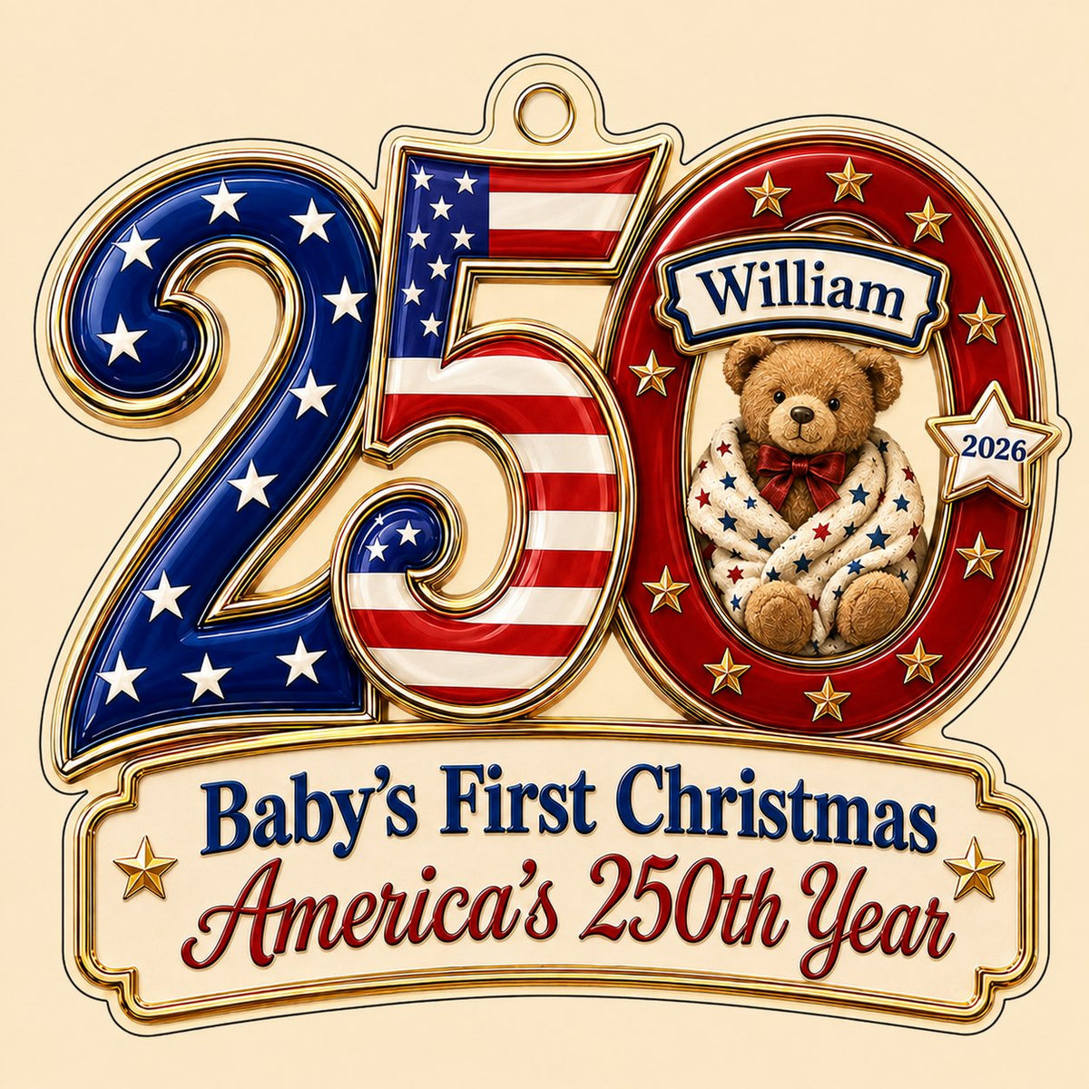 Acrylic ornament shaped like 250 with a teddy bear in the 0 and a gold-trimmed banner for the baby's name and year.
