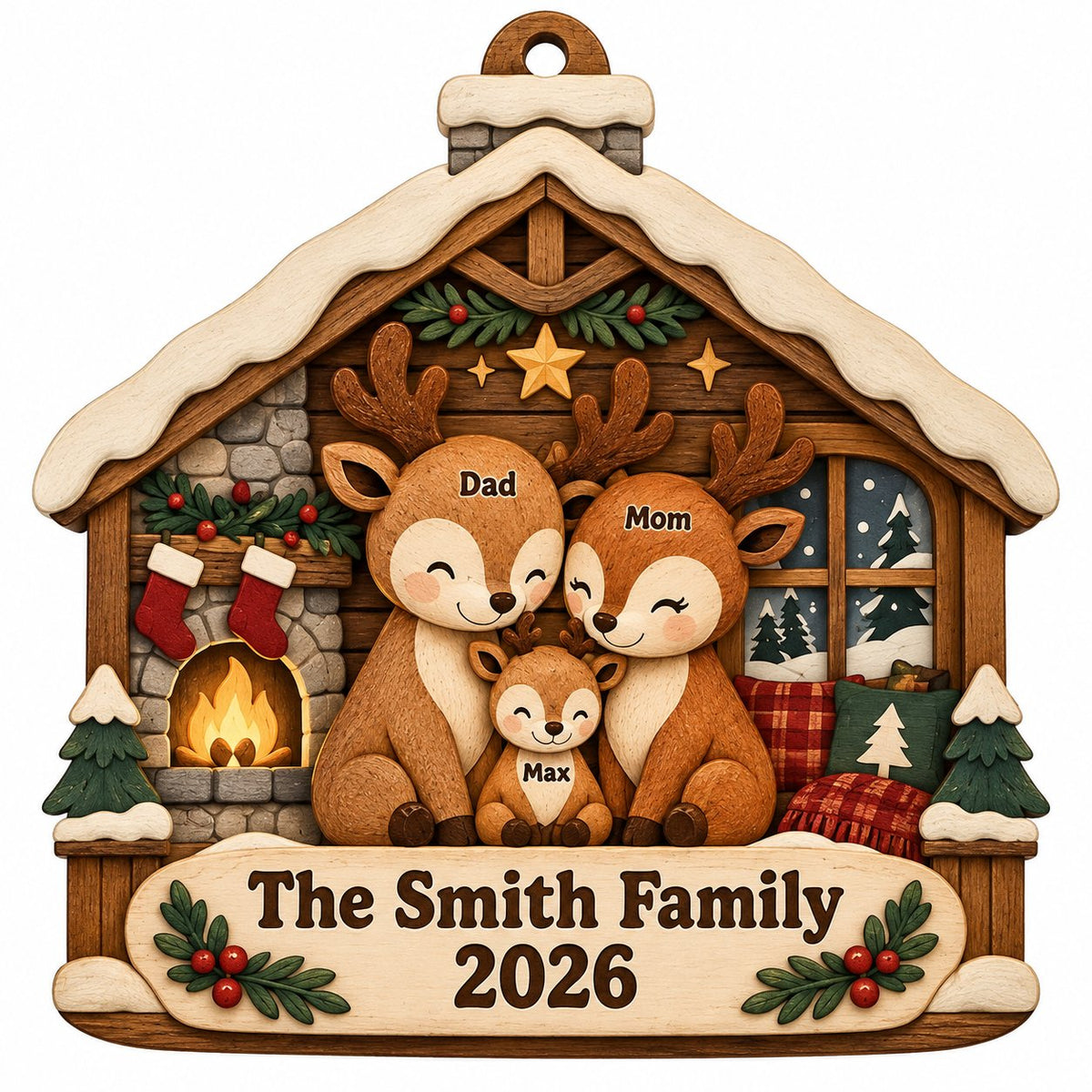 House-shaped wood ornament with deer family by a fireplace and snowy window, personalized with names and year.