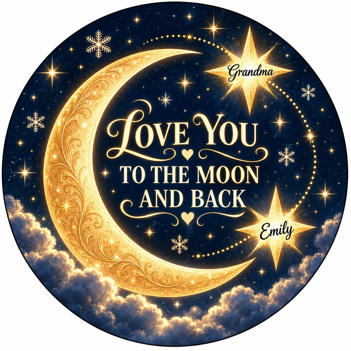 Round ceramic ornament with golden crescent moon, navy sky, stars, and 'LOVE YOU TO THE MOON AND BACK'.