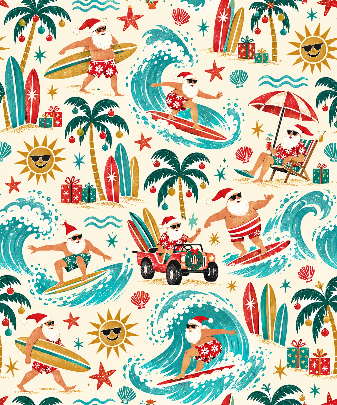 Wrapping paper with surfing Santa, red jeep, palm trees with ornaments, suns in sunglasses, starfish, seashells.