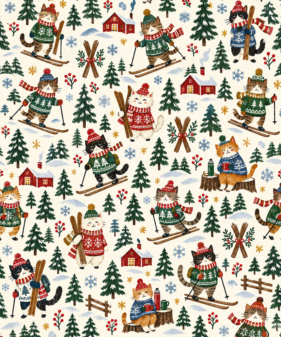 Wrapping paper featuring cartoon cats in winter gear skiing with pine trees, cabins, crossed skis and snowflakes.
