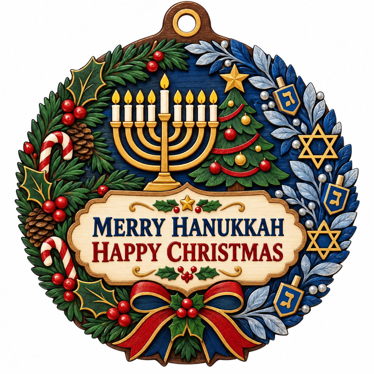 Round wood ornament with menorah, Christmas tree, holly, dreidels, and the words MERRY HANUKKAH and HAPPY CHRISTMAS.