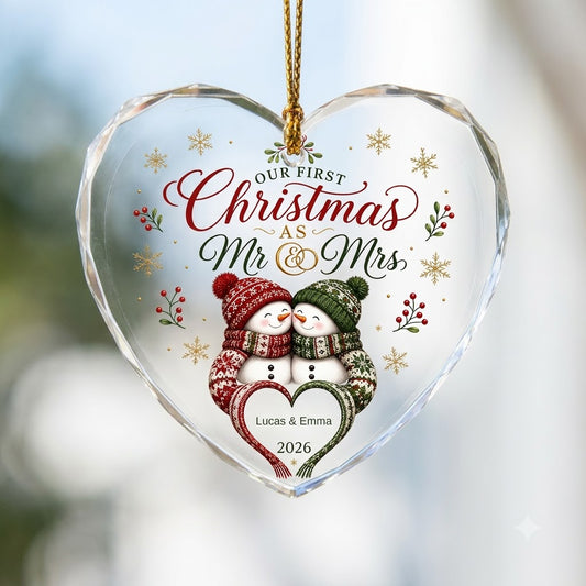 Personalized Our First Christmas as Mr & Mrs Snowman Couple Heart Glass Ornament