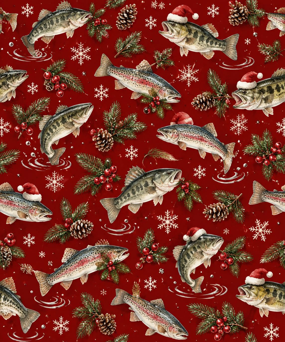 Red Christmas wrapping paper with largemouth bass and rainbow trout, some in Santa hats, pine branches, pinecones, berri