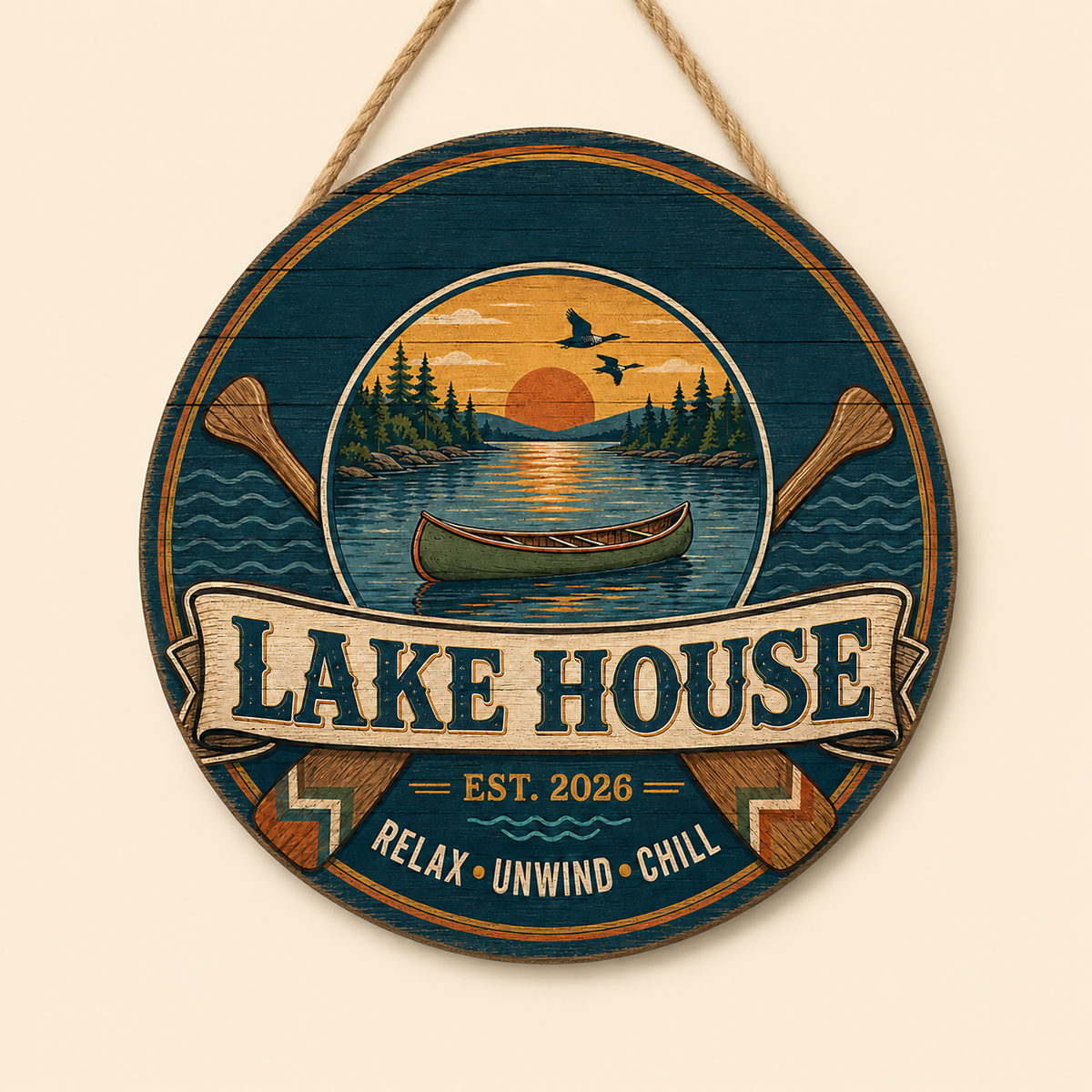 Personalized Lake House Canoe Sunset Round Wooden Hanging Sign