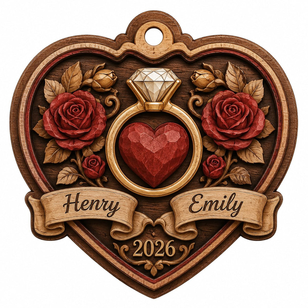Heart-shaped wood ornament with a gold ring, red heart, red roses, and names Henry and Emily with year 2026.