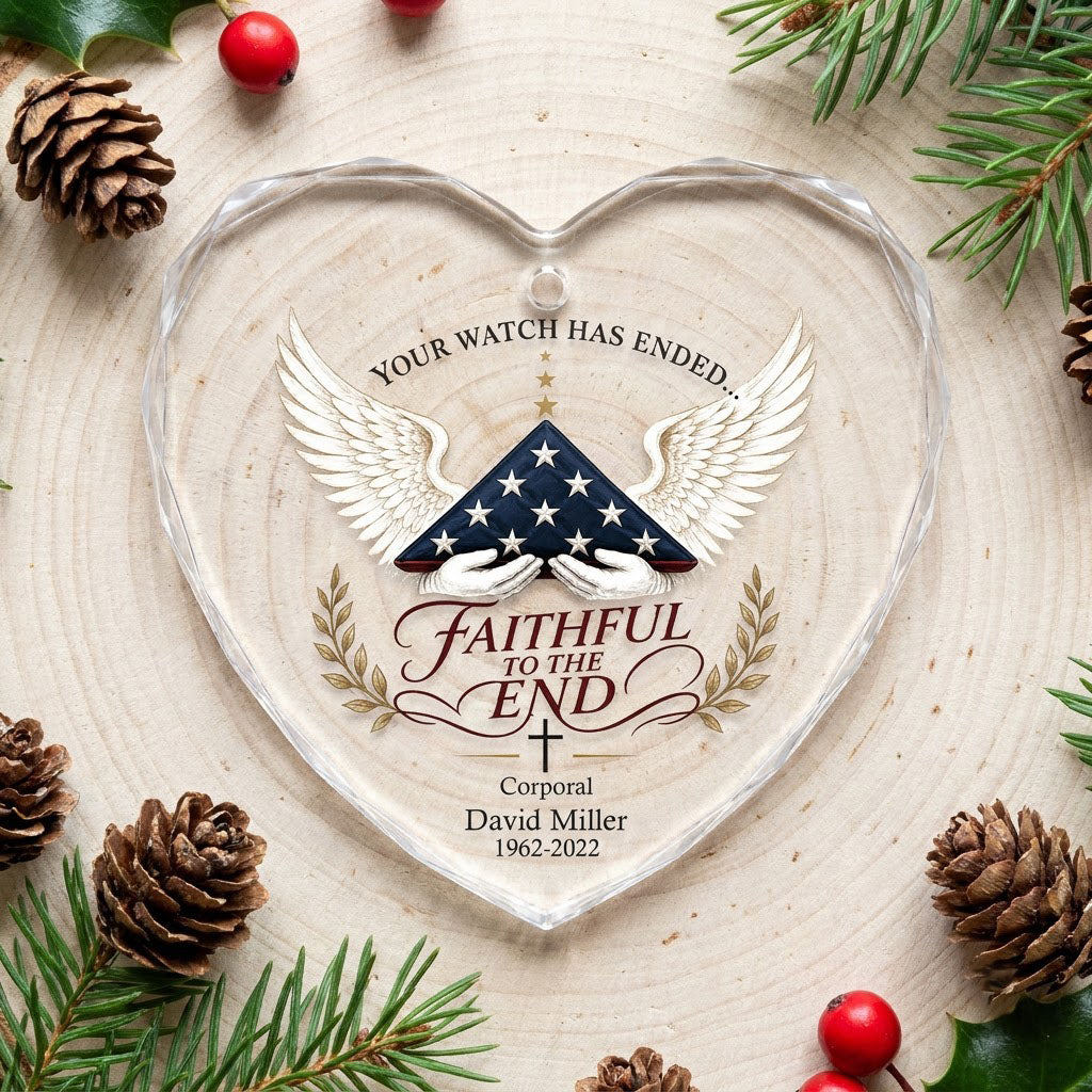 Police memorial folded flag angel wings heart glass ornament