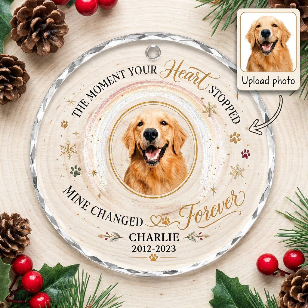 Dog memorial photo round glass ornament