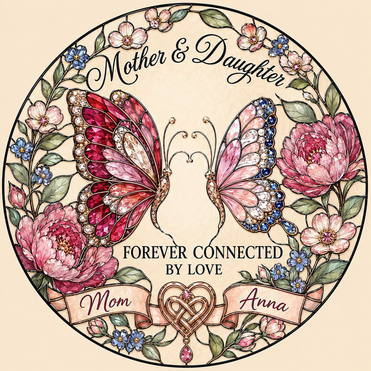 Mother and daughter butterfly peony stained glass suncatcher