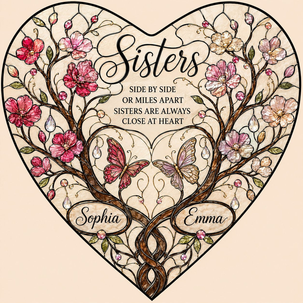 Side by side heart suncatcher with blossoms and butterflies