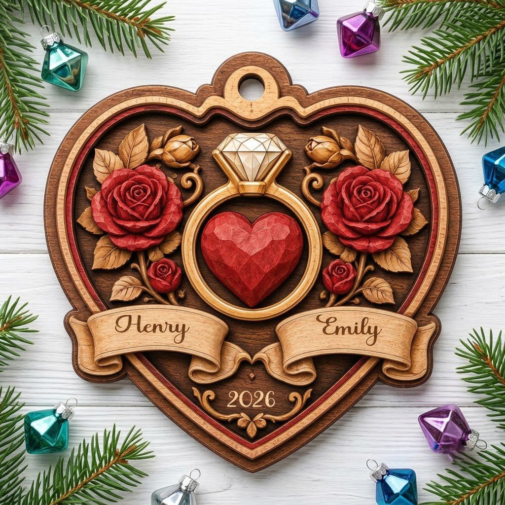 Engagement ring and roses heart wood ornament