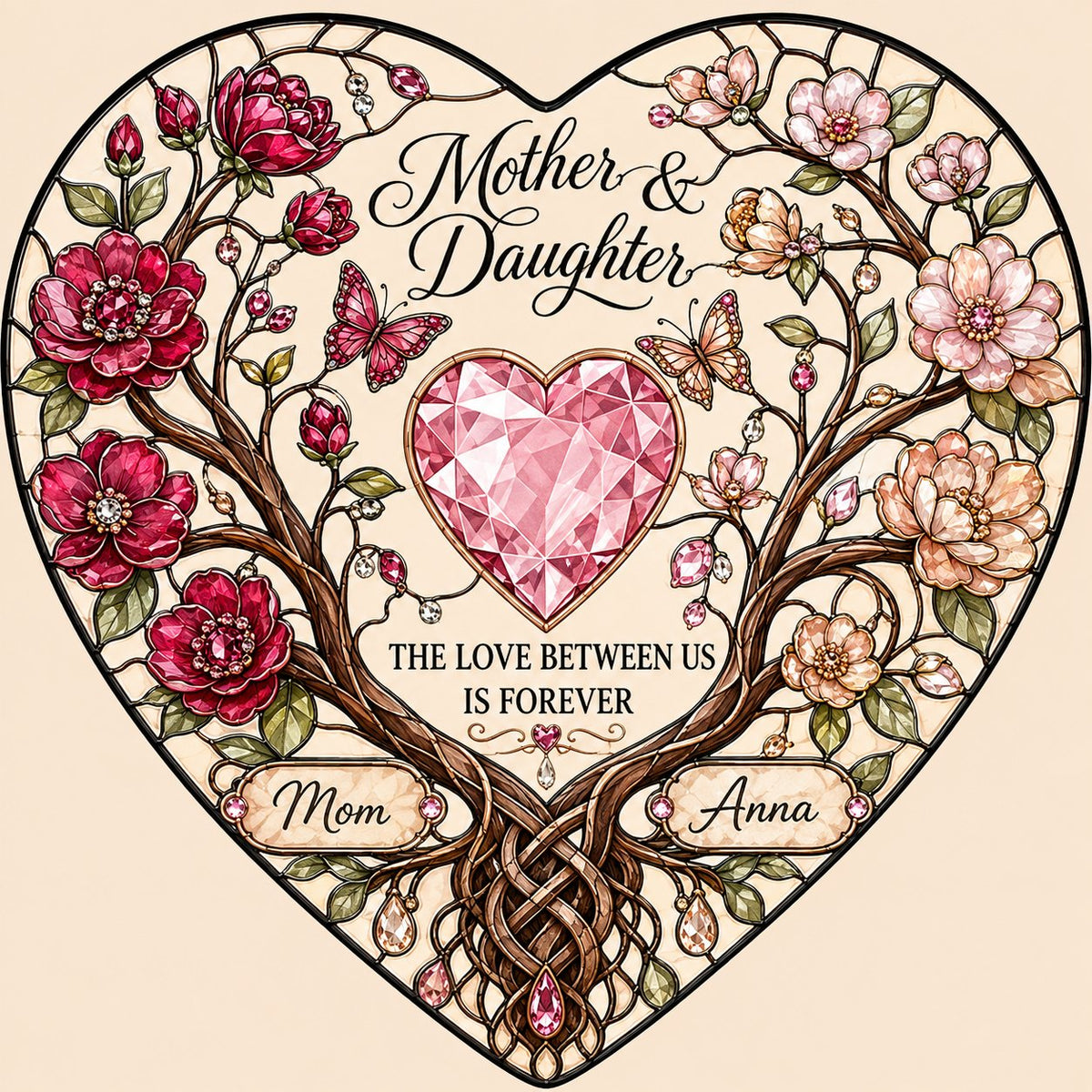 Mother and daughter intertwined trees heart suncatcher