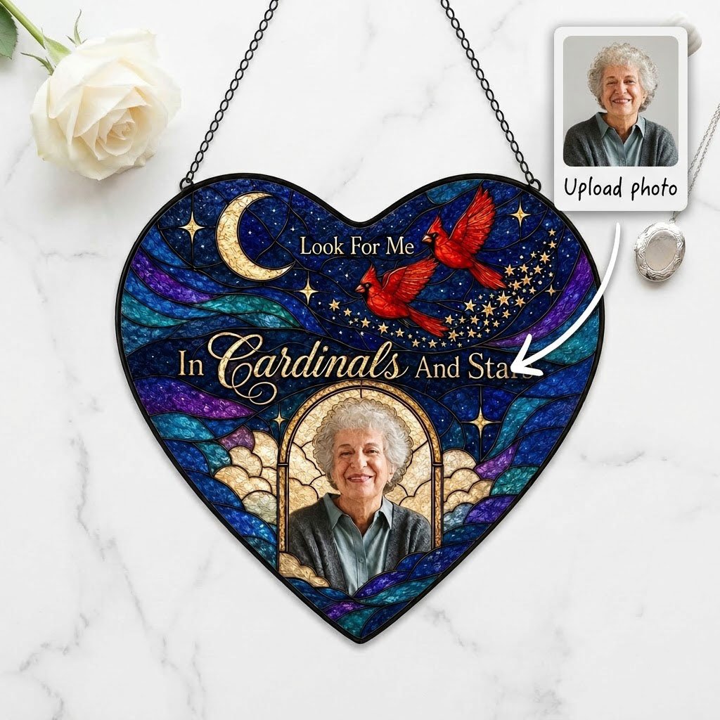 Cardinals and stars memorial heart suncatcher with photo