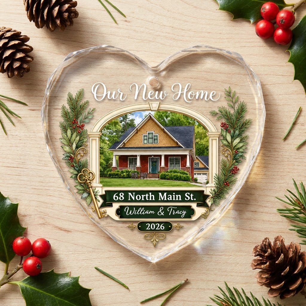 Our New Home archway house and key heart glass ornament