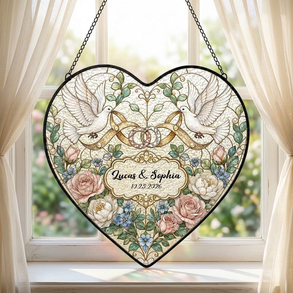 Wedding doves and intertwined rings floral heart suncatcher