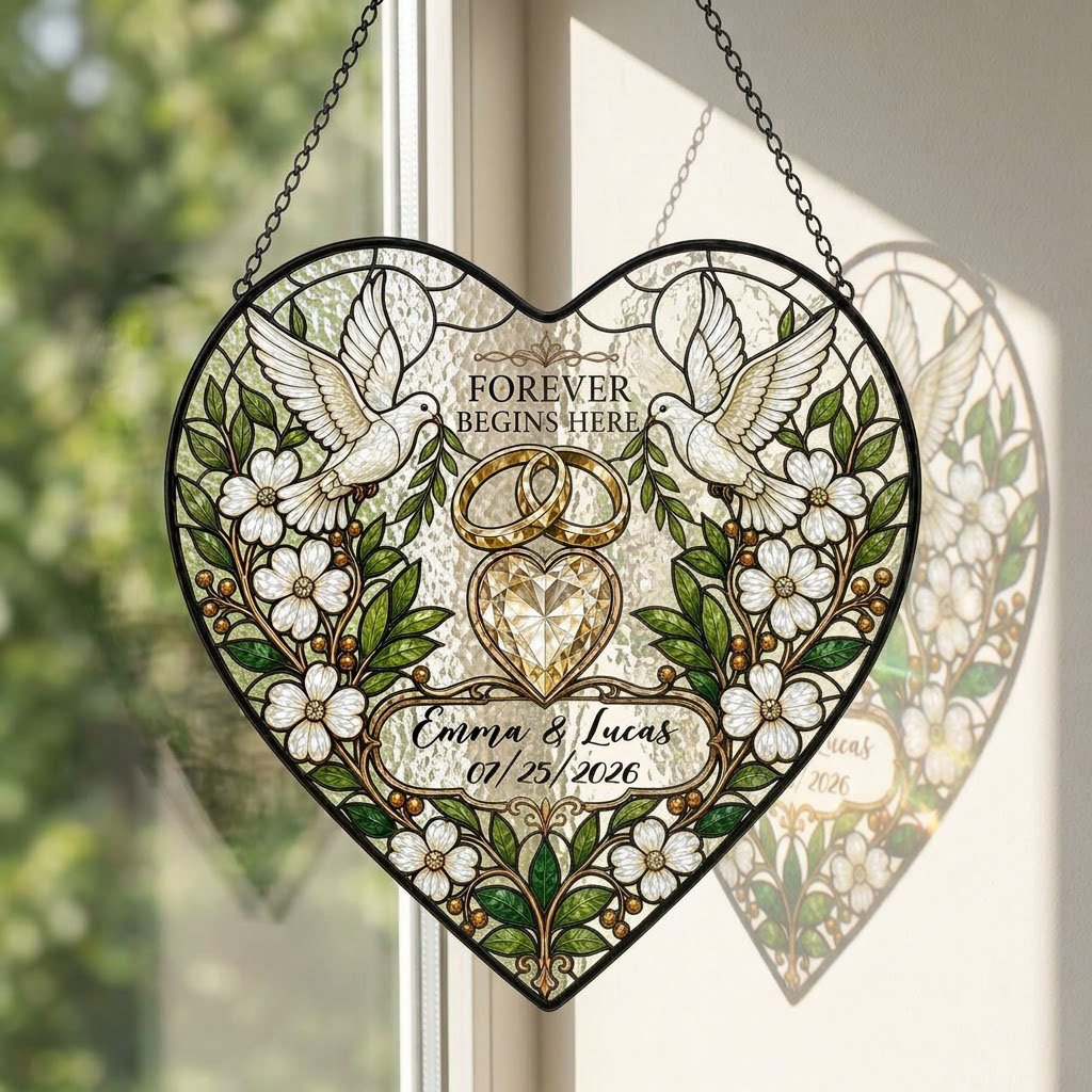 Wedding doves and diamond heart anniversary suncatcher