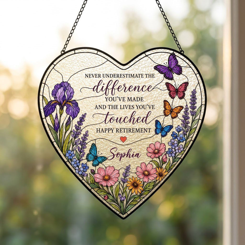 Happy retirement purple iris wildflower heart suncatcher