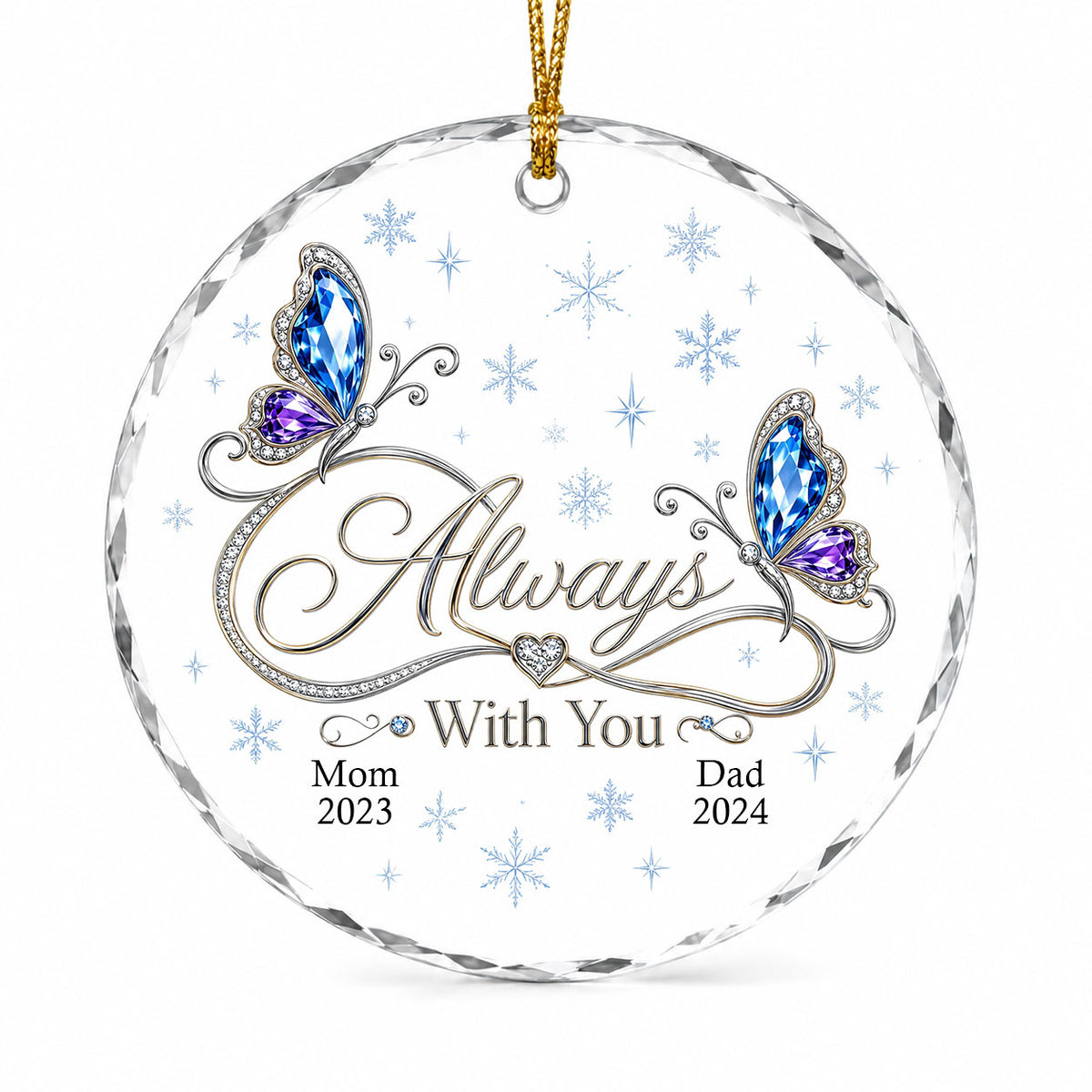 Round glass ornament with blue and purple jeweled butterflies, silver infinity heart, and light blue snowflakes.