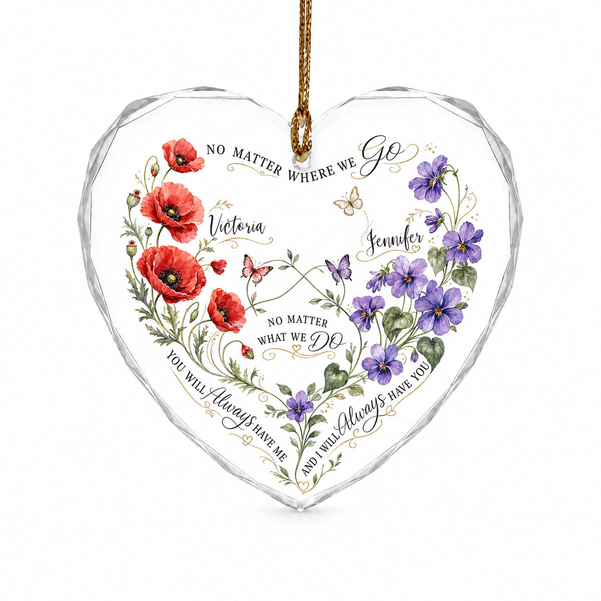 Faceted heart glass ornament with red poppies, purple violets, three butterflies, and two personalized names.