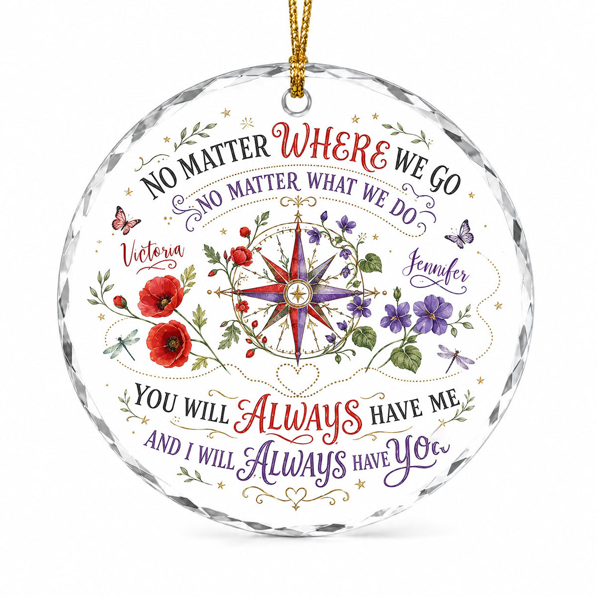 Round glass ornament with a compass rose, red and purple flowers, butterflies, dragonflies, and long-distance quotes.