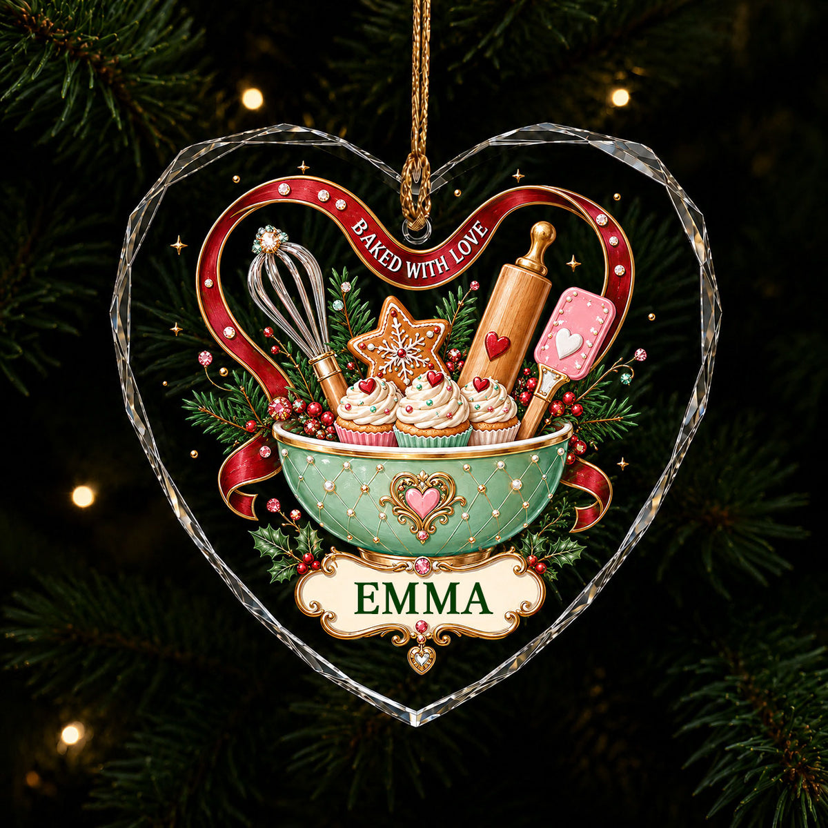 Heart stained glass suncatcher with mint mixing bowl, cupcakes, red ribbon, holly, and gold plaque BAKED WITH LOVE.