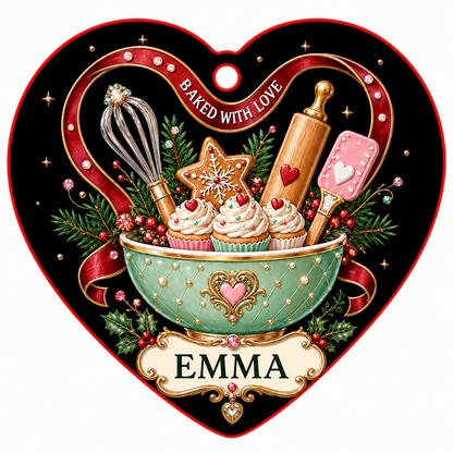 Heart stained glass suncatcher with mint mixing bowl, cupcakes, red ribbon, holly, and gold plaque BAKED WITH LOVE.