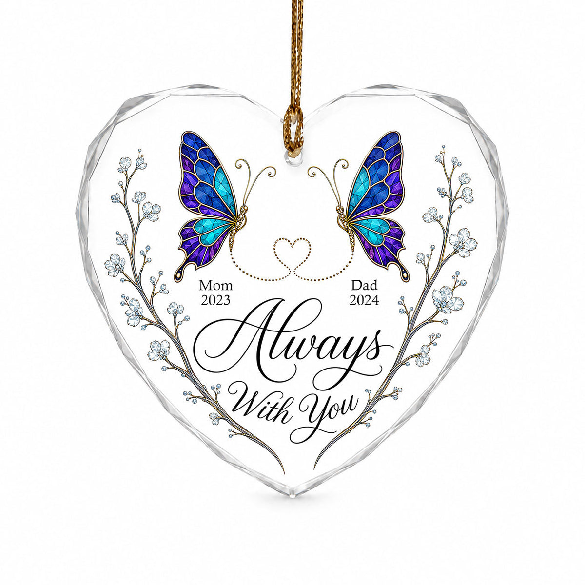Heart-shaped glass ornament with stained-glass butterflies, gold dotted heart, and white-flower vines.