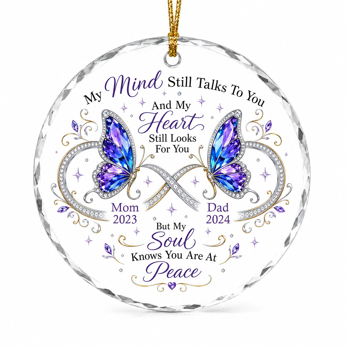Round faceted glass ornament with two jeweled purple and blue butterflies, memorial quote, and personalized name and yea