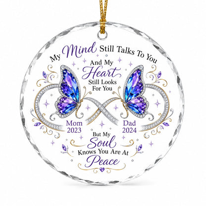Round faceted glass ornament with two jeweled purple and blue butterflies, memorial quote, and personalized name and yea