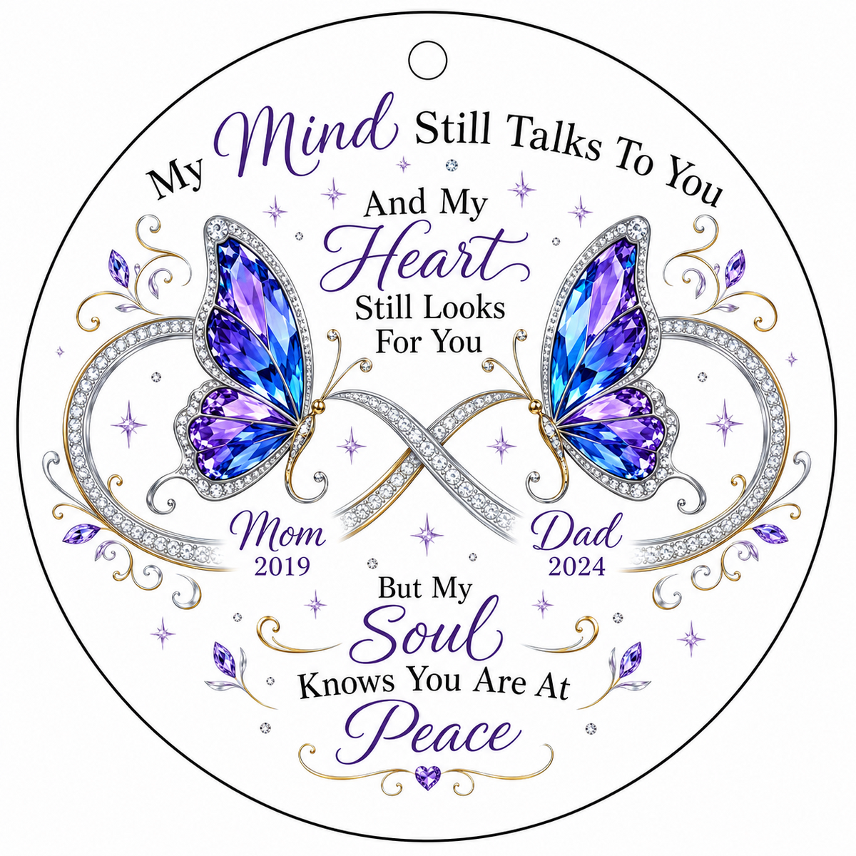 Round faceted glass ornament with two jeweled purple and blue butterflies, memorial quote, and personalized name and yea