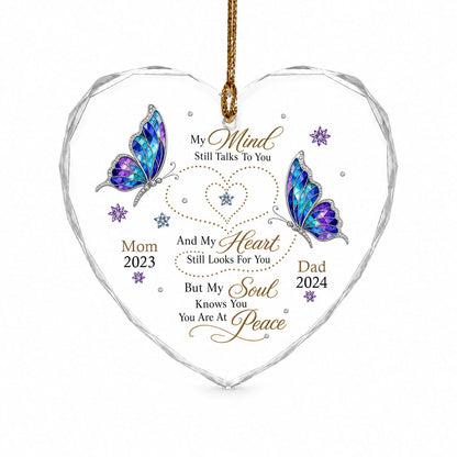 Heart glass ornament with two stained-glass butterflies, dotted heart trails, snowflakes, and a memorial quote.