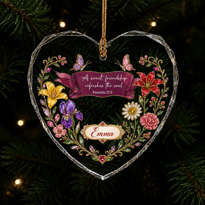 Heart stained glass suncatcher with floral wreath, burgundy banner, two jeweled butterflies, and the verse Proverbs 27:9
