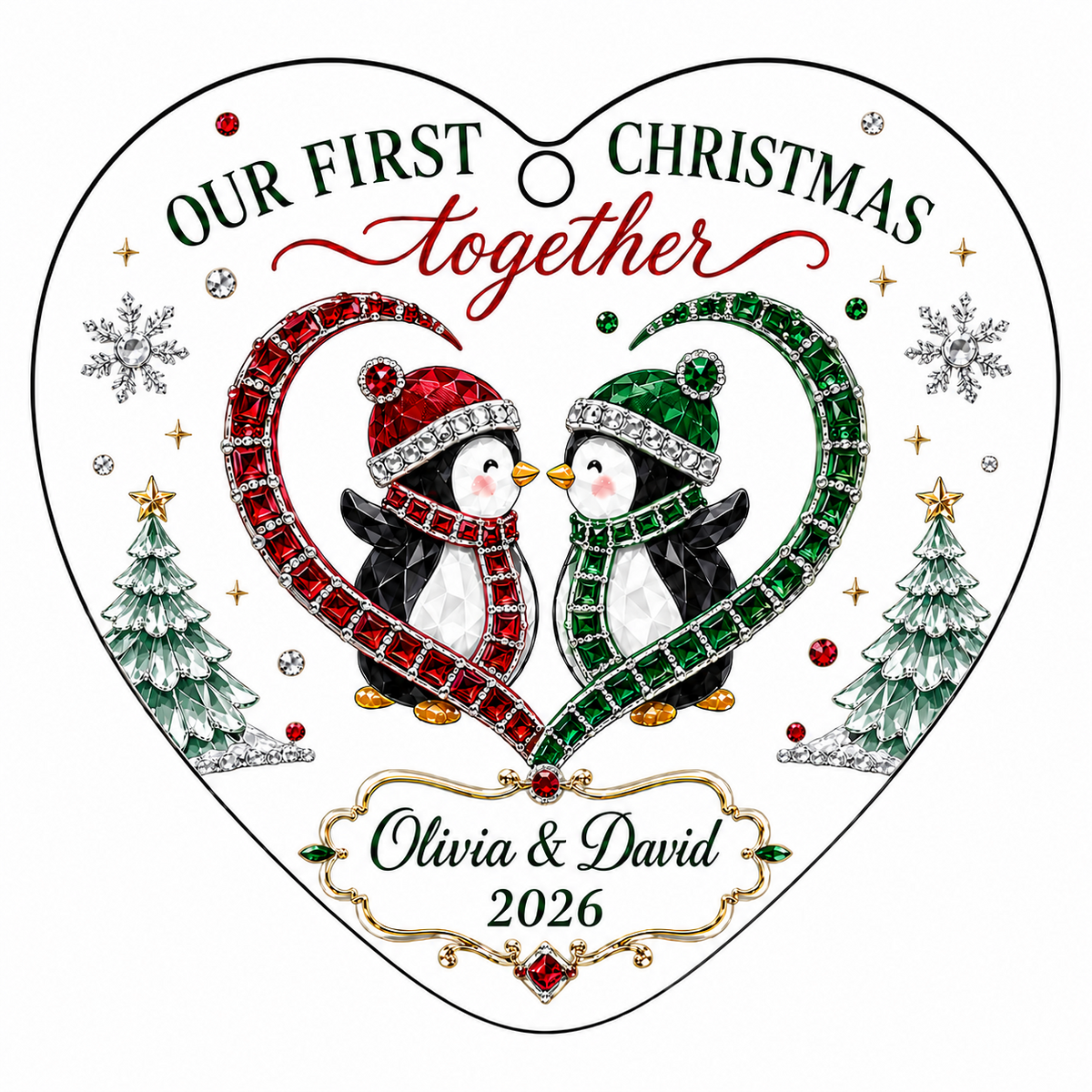 Heart-shaped stained glass suncatcher with two penguins in red and green scarves, jeweled trees, and silver snowflakes
