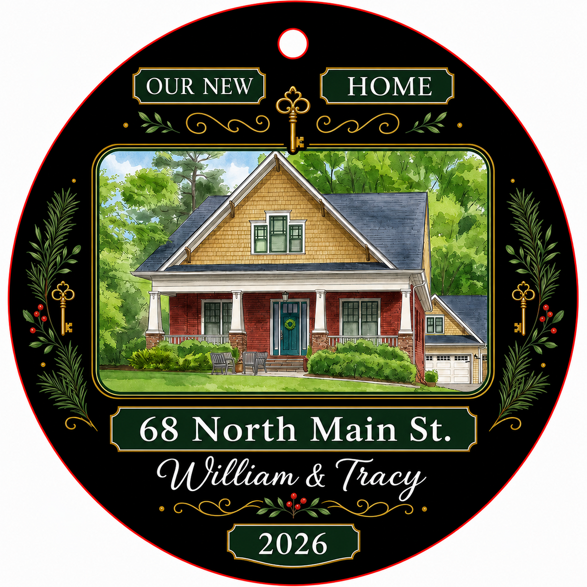 Round glass ornament with watercolor house, green and gold banners, gold key, pine branches, and address and year plaque