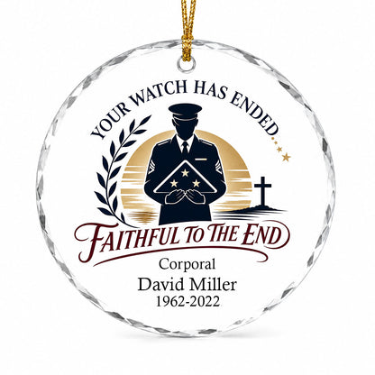 Round glass ornament with officer silhouette holding a folded flag, golden sunset, cross, and the words YOUR WATCH HAS E