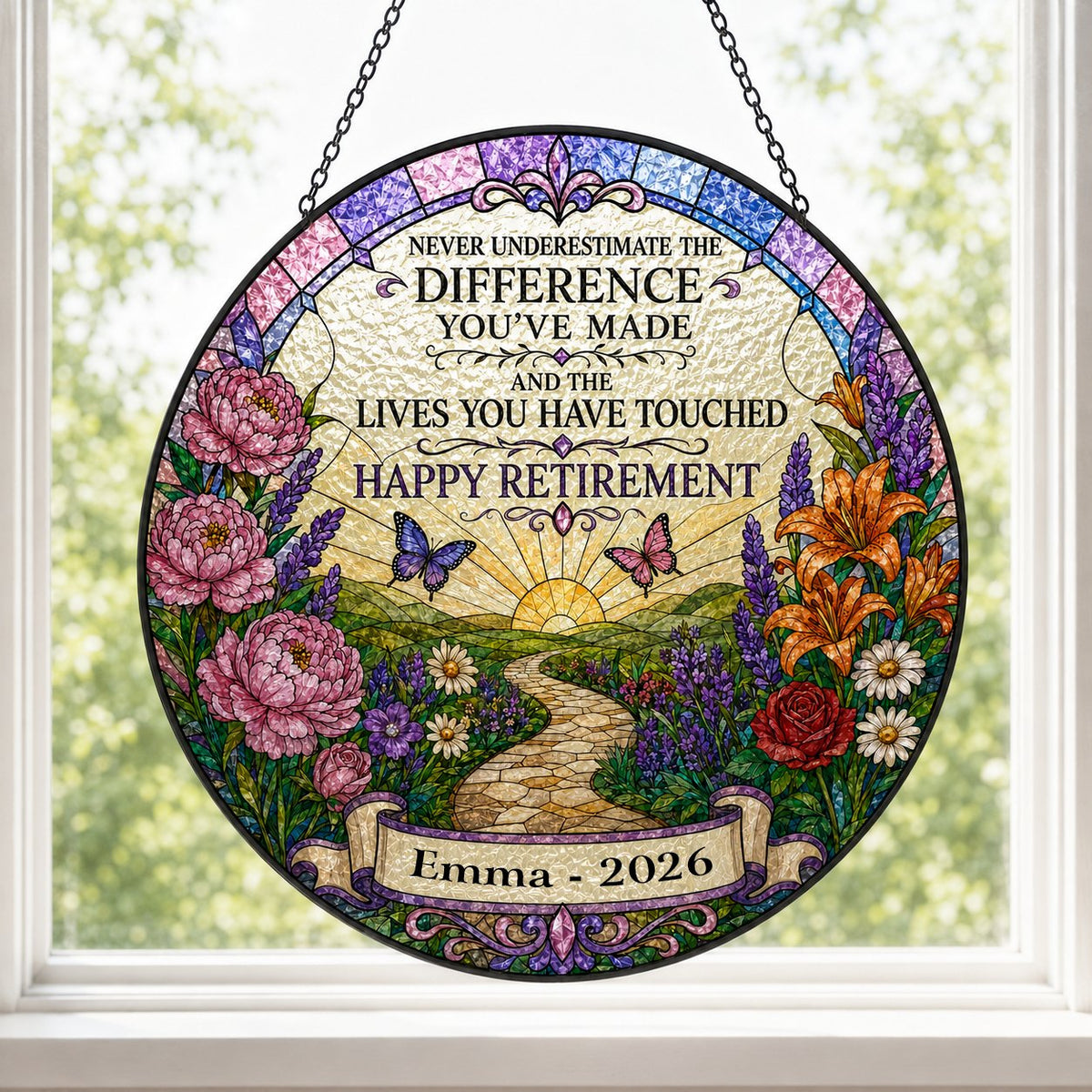 Personalized Retirement Floral Garden Never Underestimate The Difference Happy Retirement Stained Glass Round Suncatcher