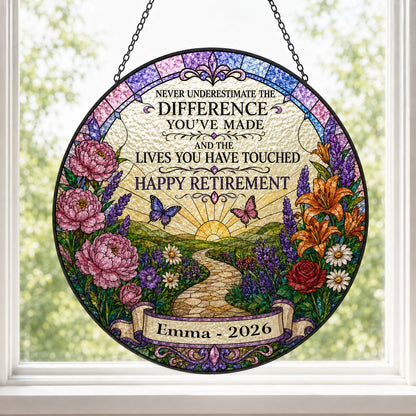 Personalized Retirement Floral Garden Never Underestimate The Difference Happy Retirement Stained Glass Round Suncatcher