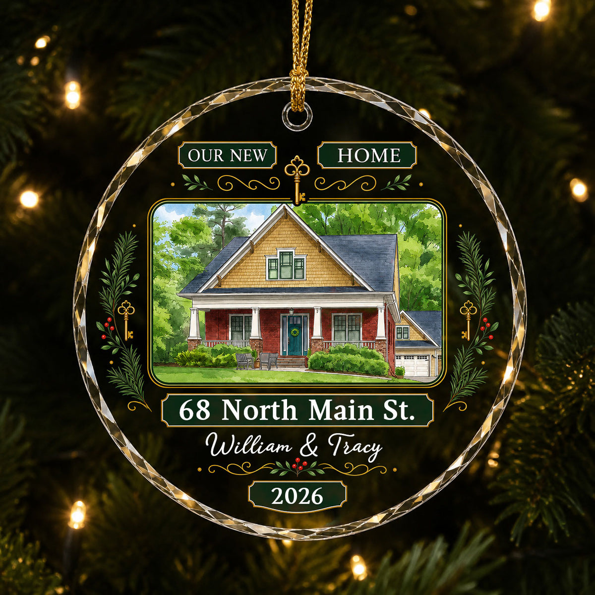 Round glass ornament with watercolor house, green and gold banners, gold key, pine branches, and address and year plaque