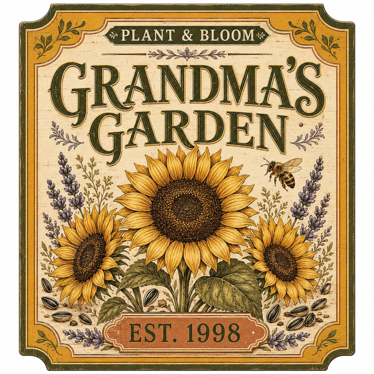 Square bracketed wooden sign with three sunflowers, lavender, a honeybee, and “Plant & Bloom” and “Grandma’s Garden” tex